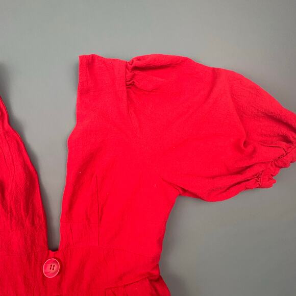 Mulla Red Linen Jumpsuit | Puff Sleeves Deep V Tie Back | Size M - Picture 6 of 10